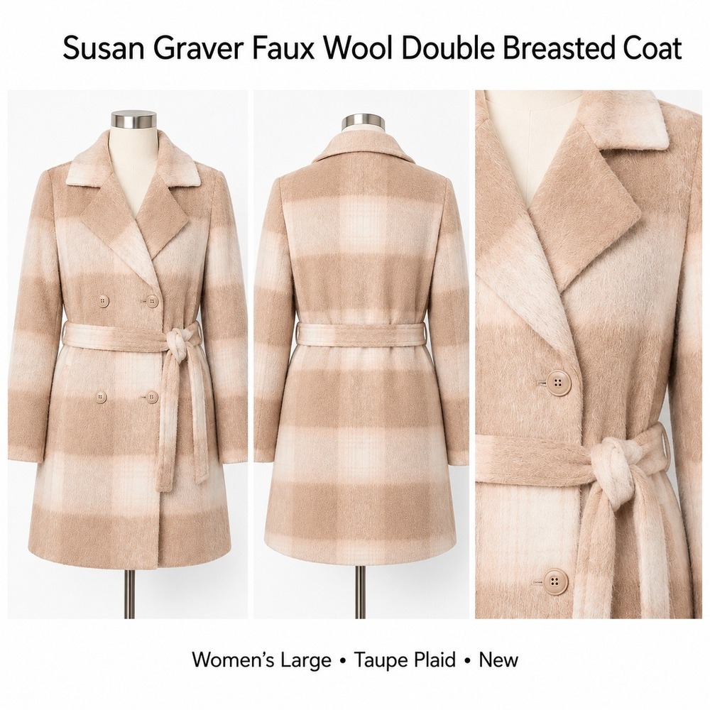 Susan Graver Faux Wool Double Breasted Belted Plaid Coat Taupe Women Large NWOT